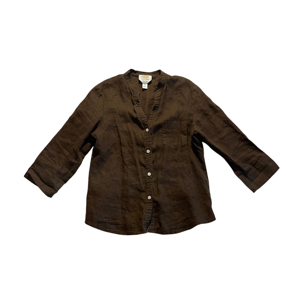 Brown Irish Linen Button Down Shirt 3/4 Sleeve Size PM Talbots Petites